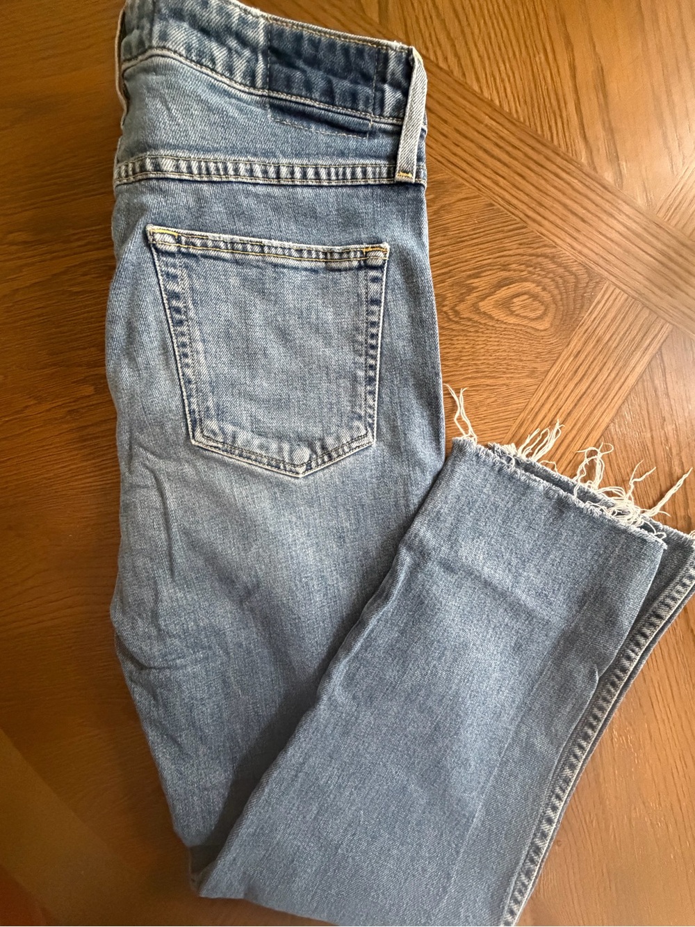 AMO Light Blue Frayed Ankle Jeans
